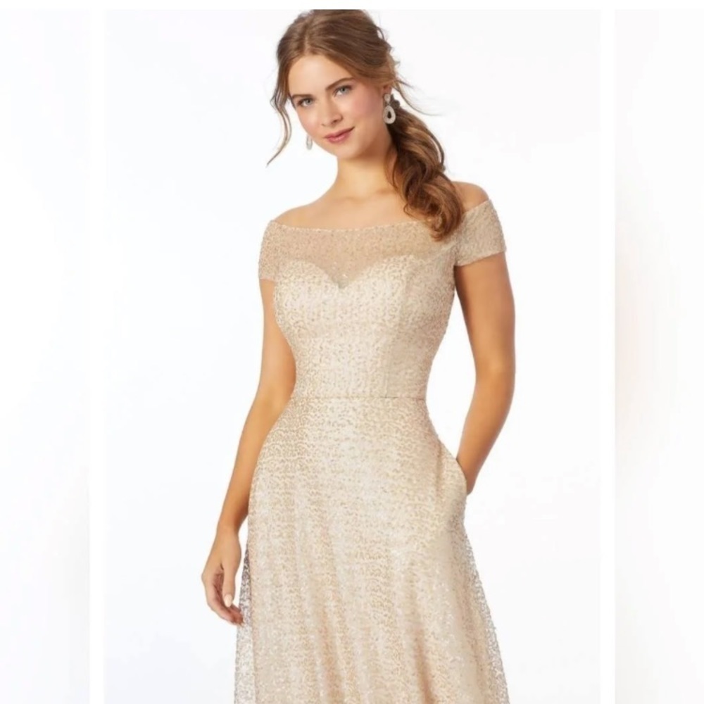 Mori Lee by Madeline Gardner cream gold sequin gown bridesmaid party